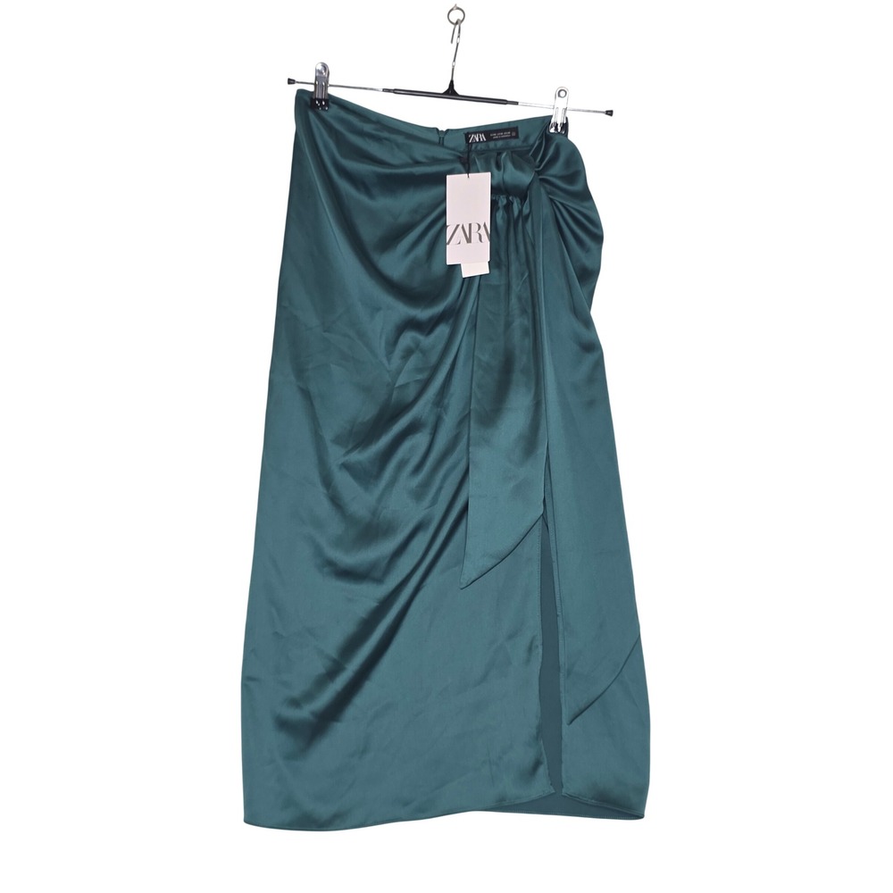 Zara Forest Green Satin feel Draped Knot Midi Skirt Size M NWT Holidays Sexy!
